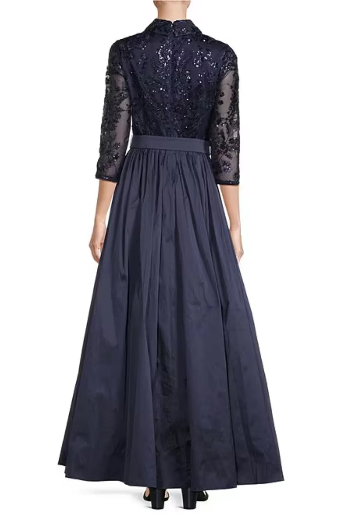 Aidan Mattox Sequin Collar Neckline 3/4 Sleeve Belted Ball Gown