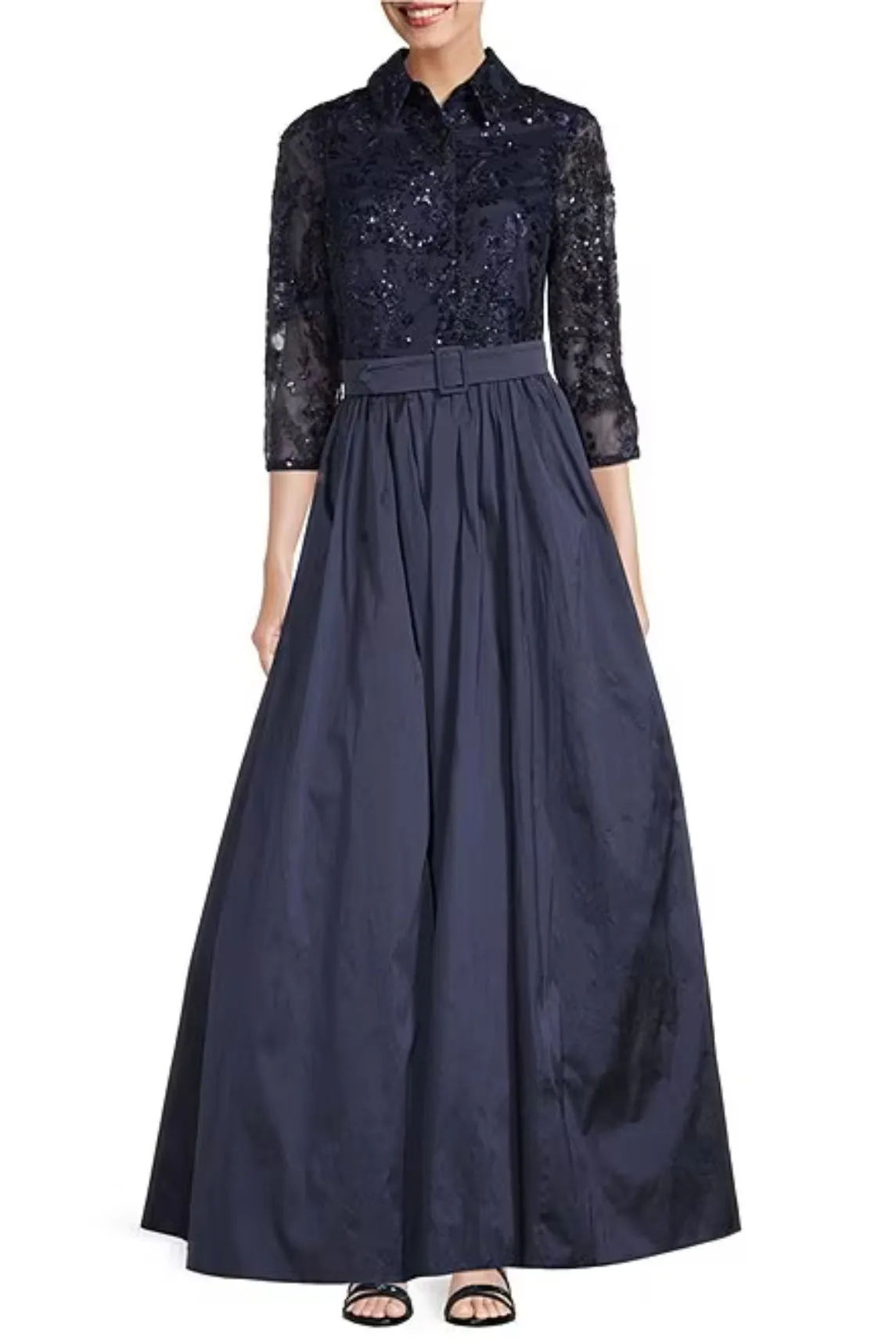 Aidan Mattox Sequin Collar Neckline 3/4 Sleeve Belted Ball Gown