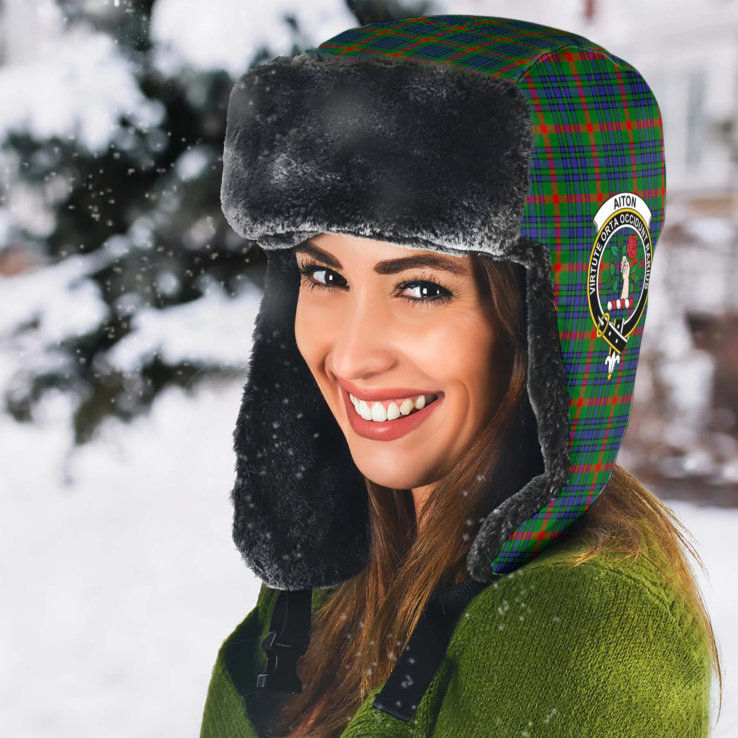 Aiton Tartan Winter Trapper Hat with Family Crest