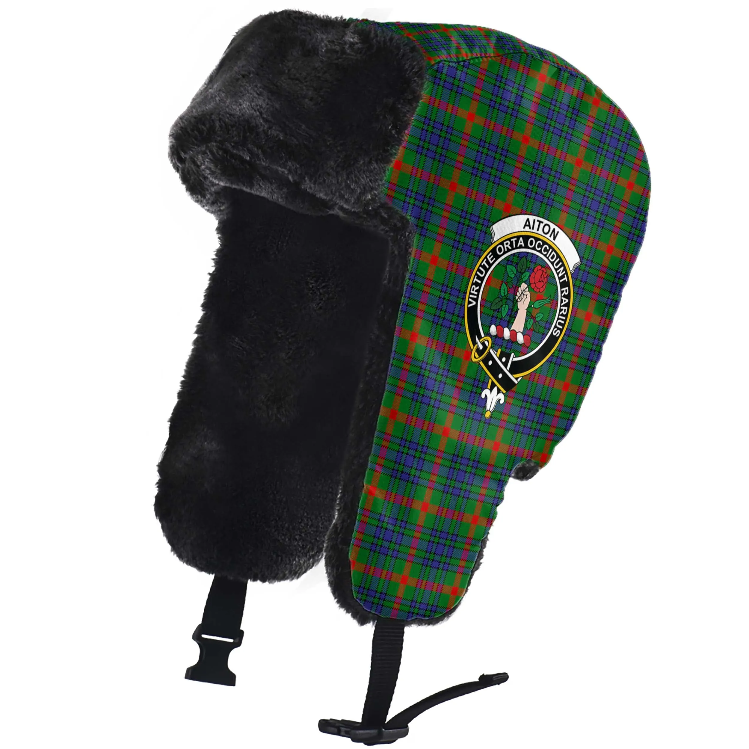 Aiton Tartan Winter Trapper Hat with Family Crest