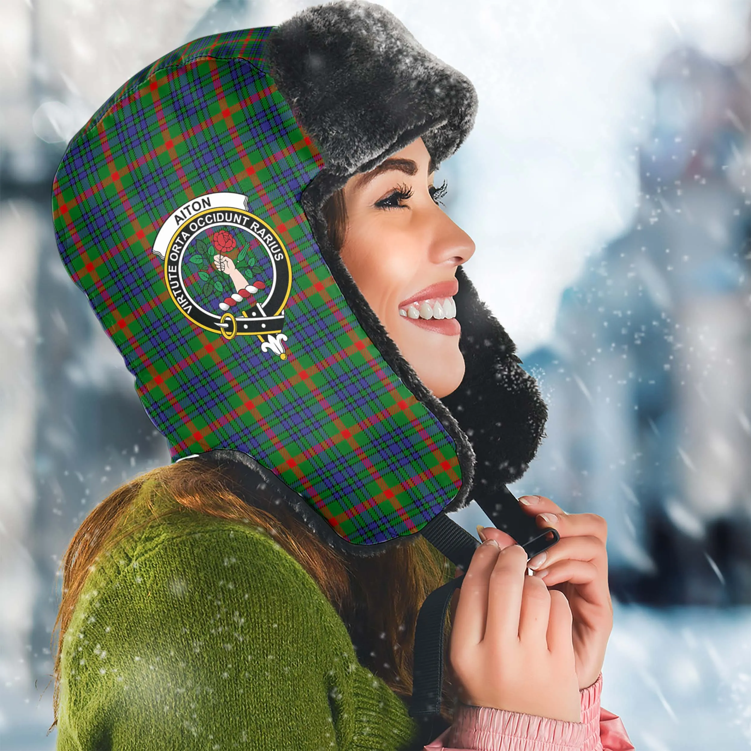 Aiton Tartan Winter Trapper Hat with Family Crest