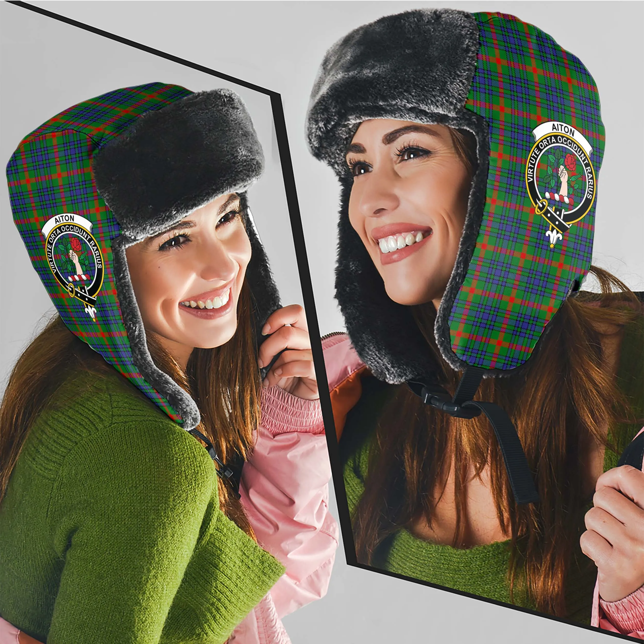 Aiton Tartan Winter Trapper Hat with Family Crest