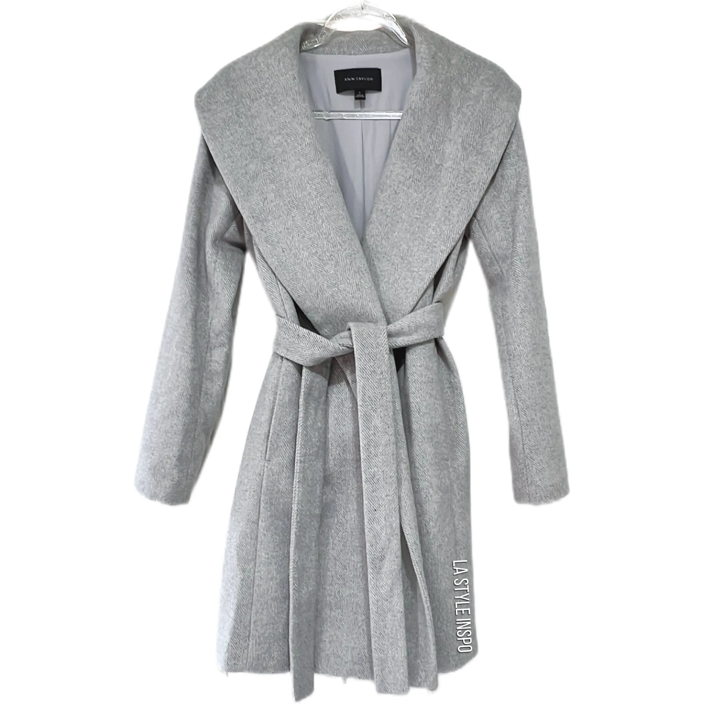 Ann Taylor Rayon Shad Collar Long Wrap Coat Belted Light Herringbone Gray Small