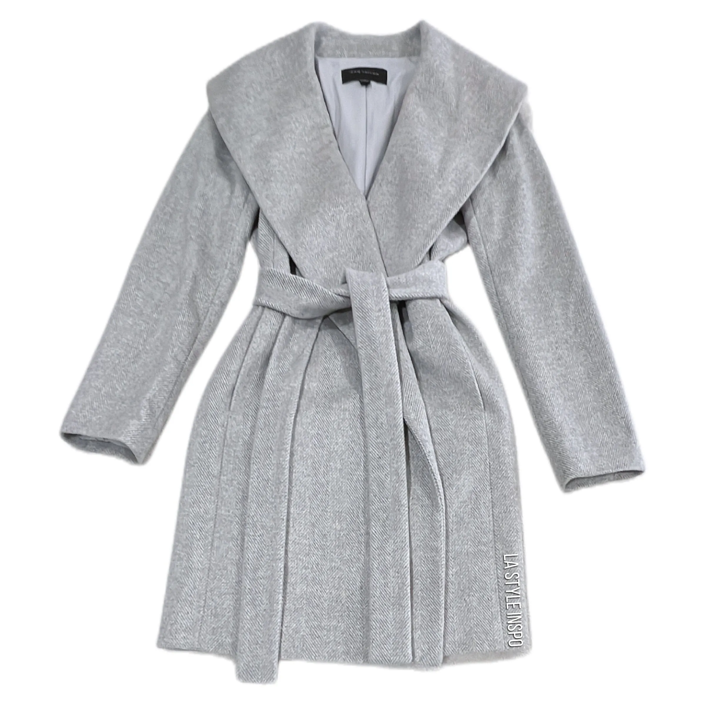 Ann Taylor Rayon Shad Collar Long Wrap Coat Belted Light Herringbone Gray Small