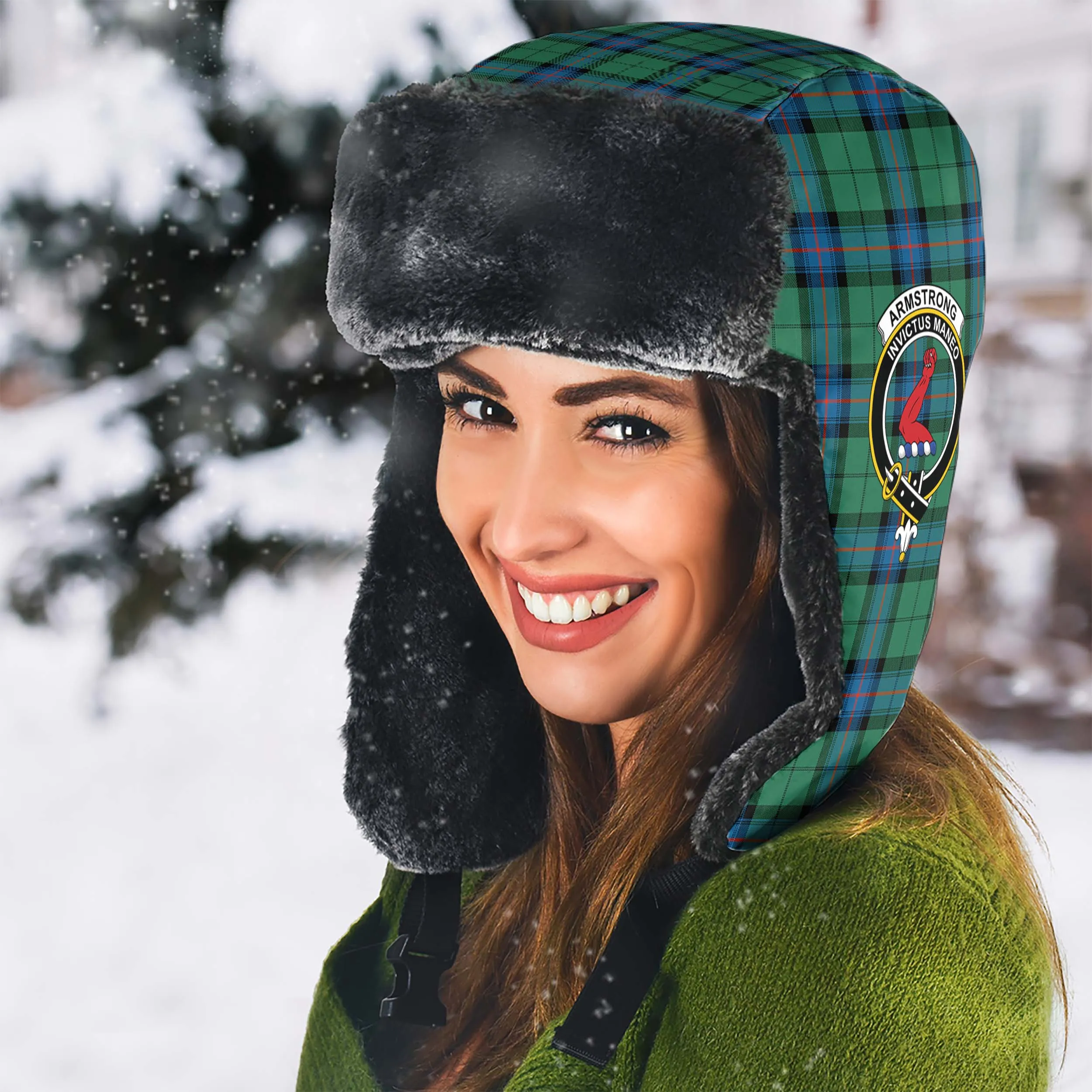 Armstrong Ancient Tartan Winter Trapper Hat with Family Crest