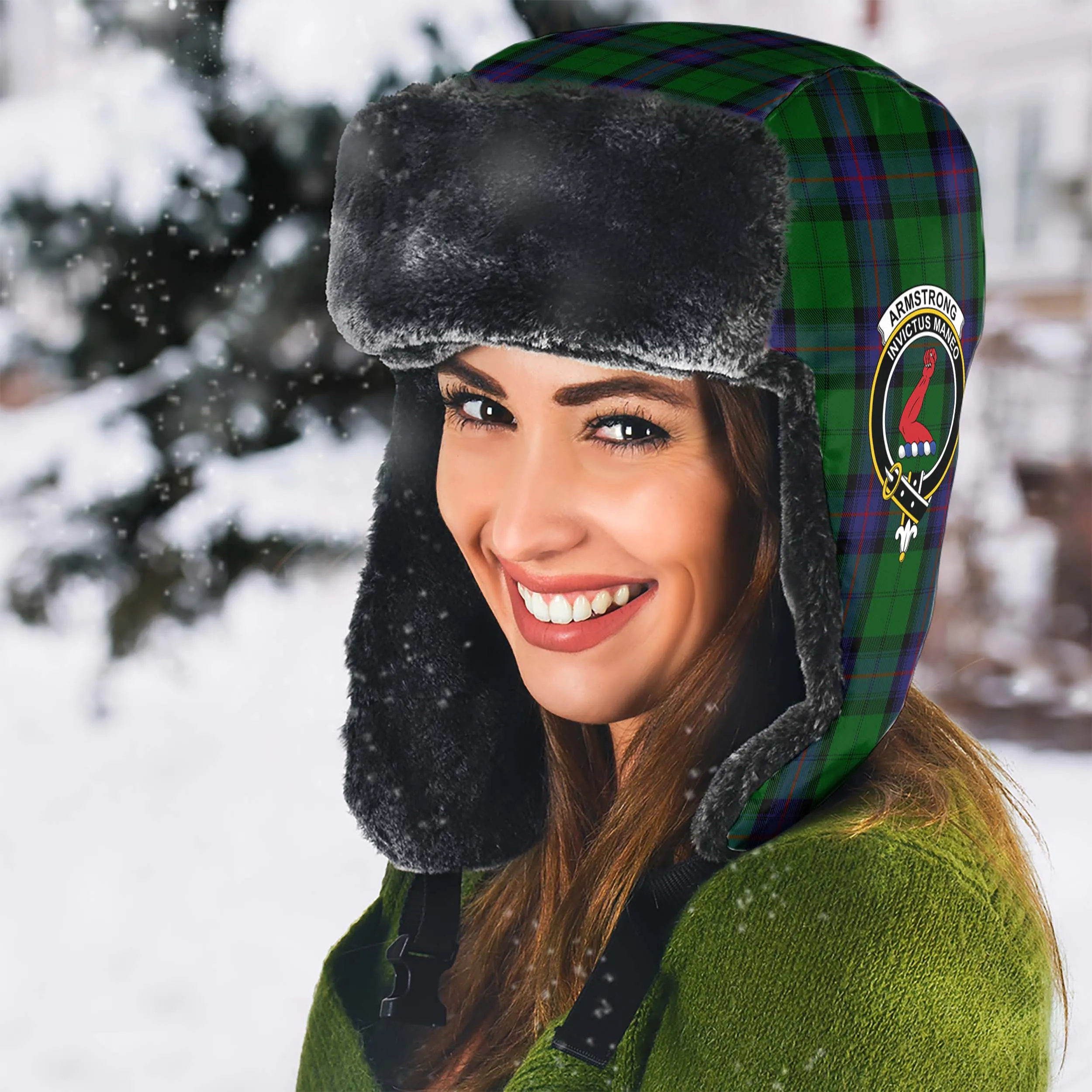 Armstrong Tartan Winter Trapper Hat with Family Crest