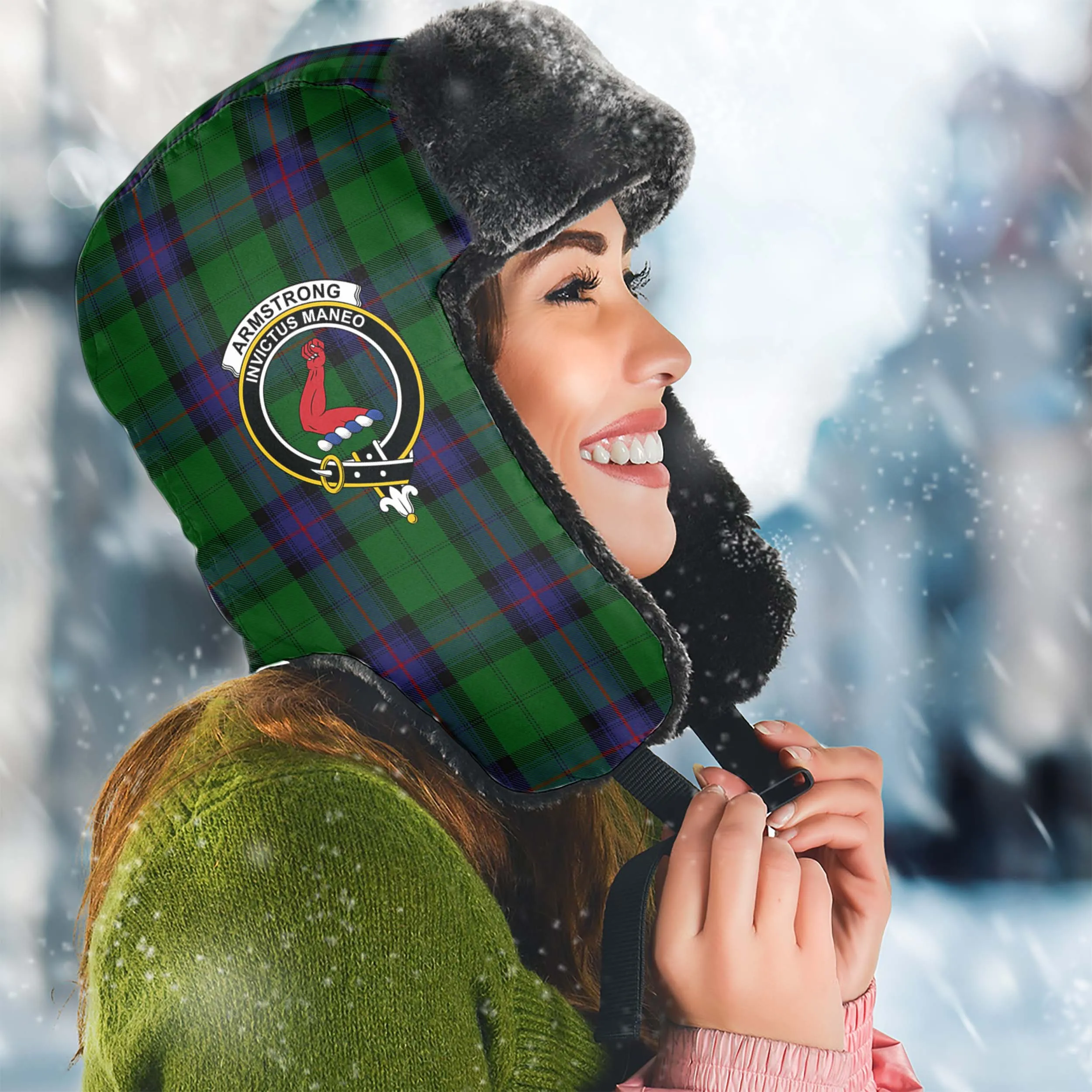 Armstrong Tartan Winter Trapper Hat with Family Crest