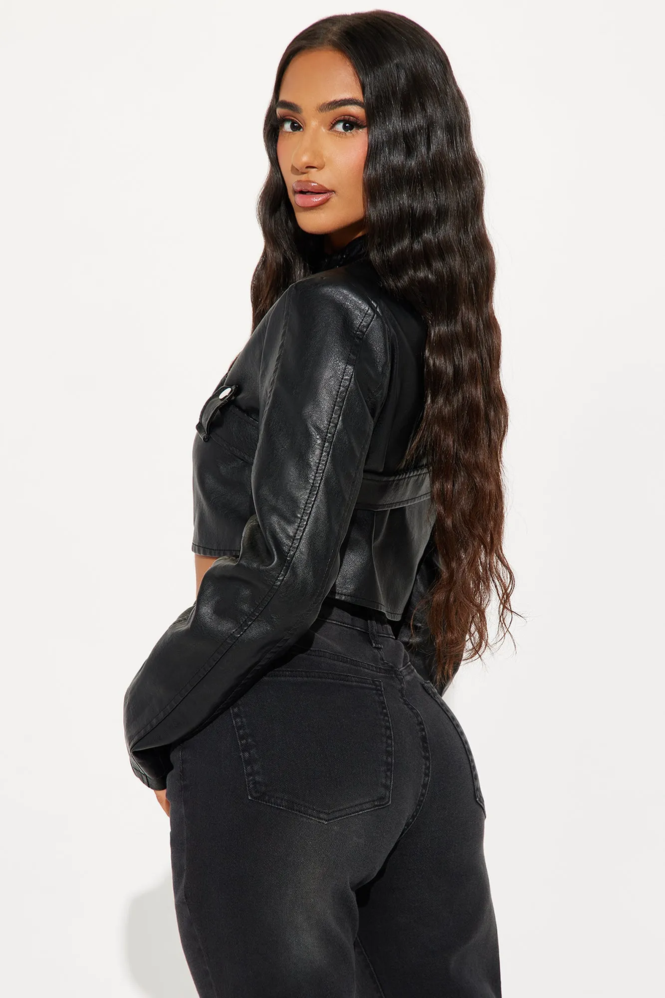 Athena Cropped Faux Leather Jacket - Black