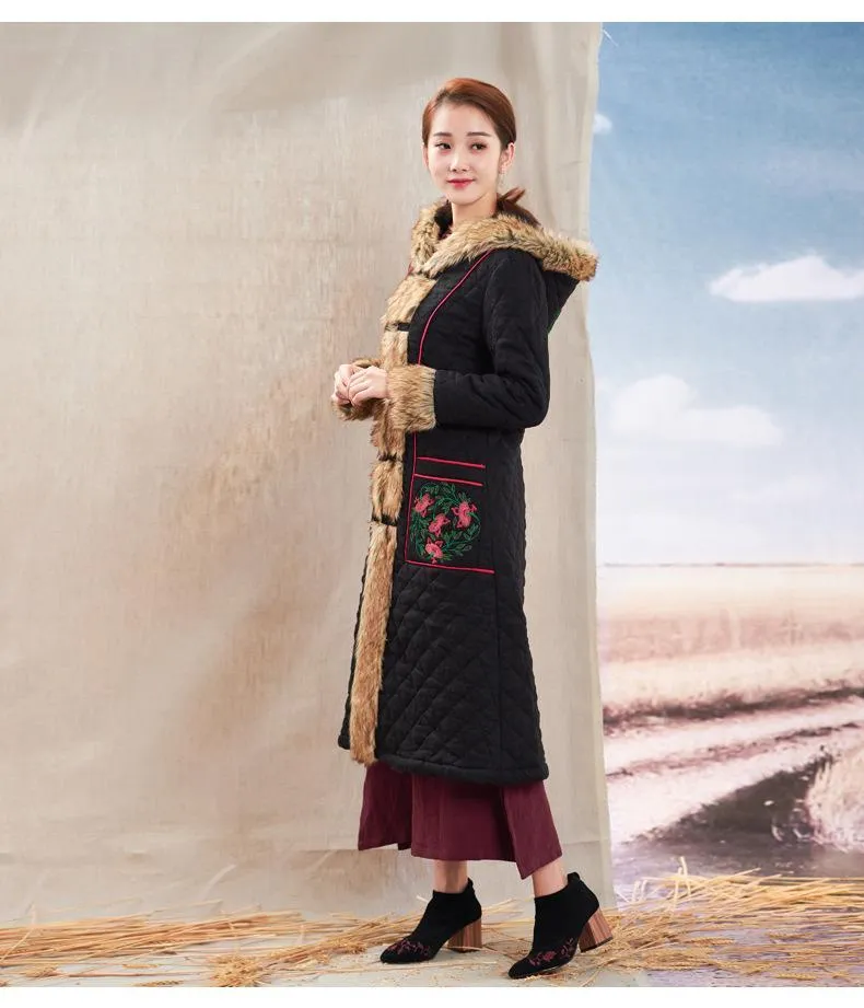 Autumn Winter New National Style Chinese Embroidery Cotton  Fur Collar Hooded Coat