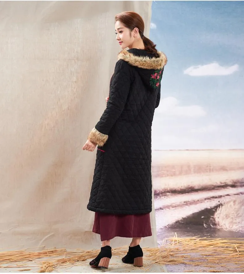 Autumn Winter New National Style Chinese Embroidery Cotton  Fur Collar Hooded Coat