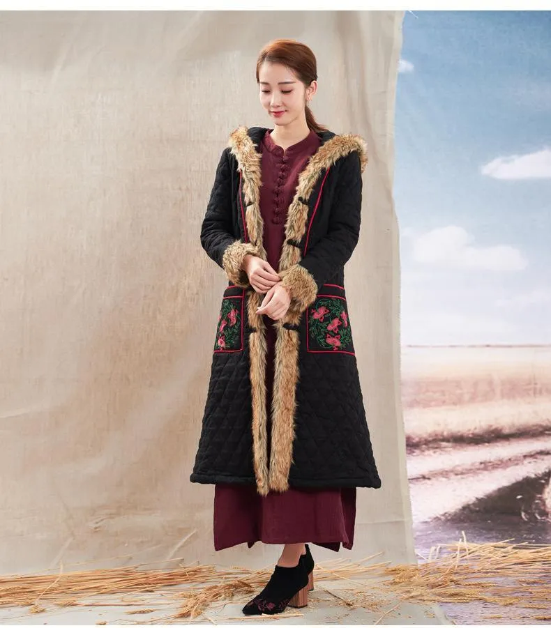 Autumn Winter New National Style Chinese Embroidery Cotton  Fur Collar Hooded Coat