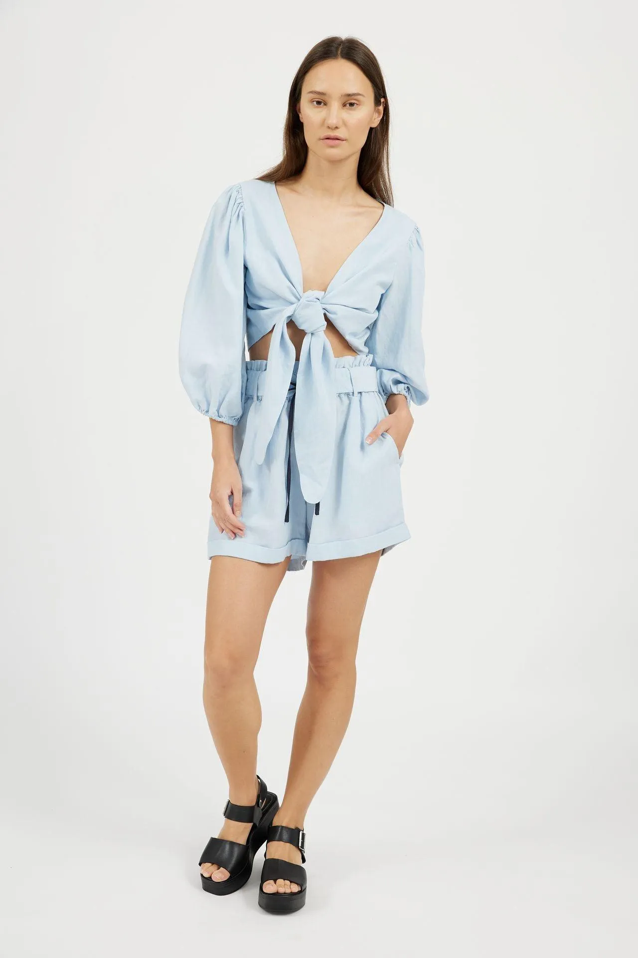 Bamboo High-Rise Belted Linen Shorts