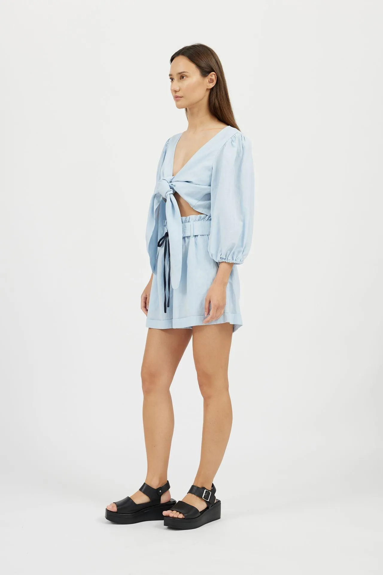 Bamboo High-Rise Belted Linen Shorts