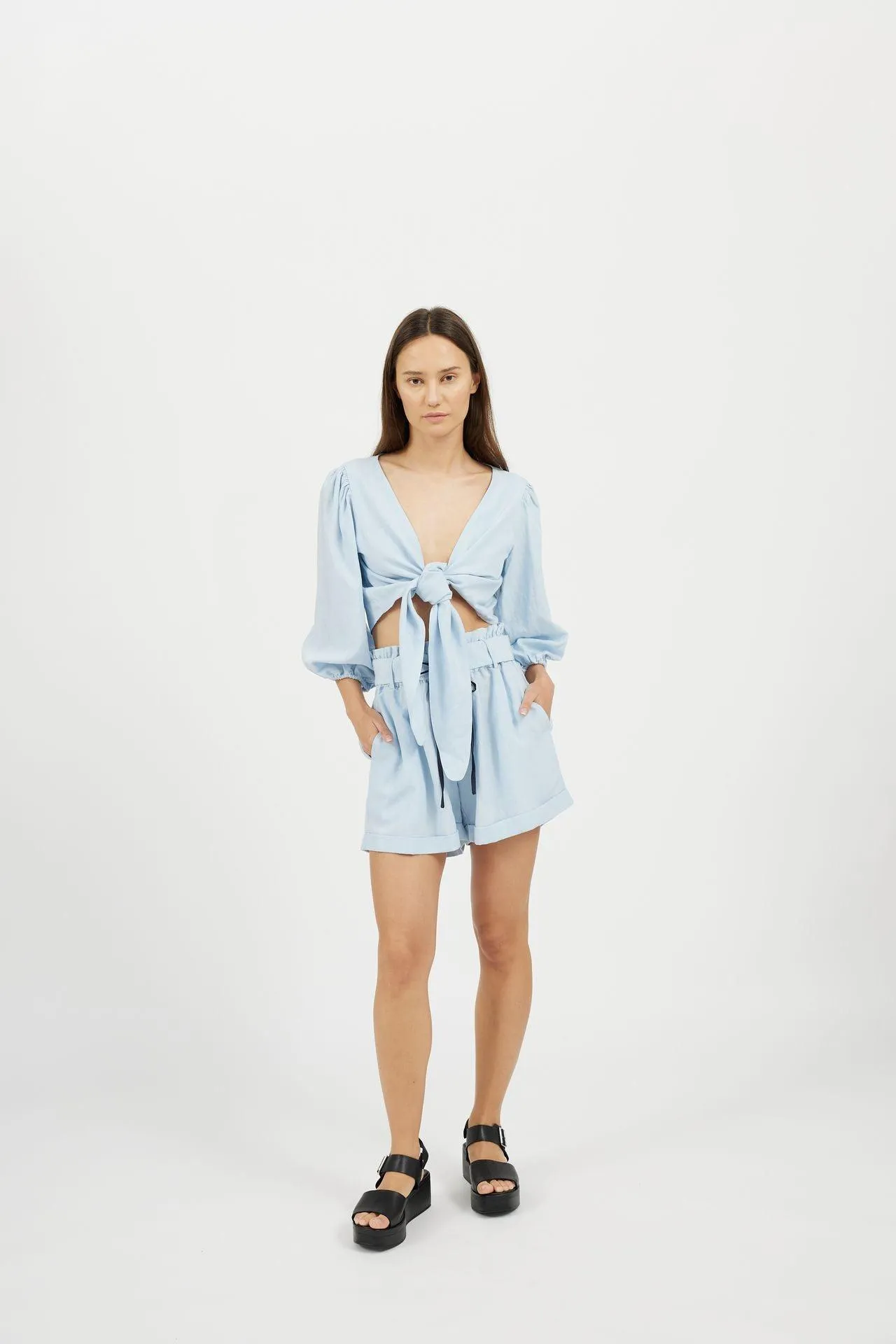 Bamboo High-Rise Belted Linen Shorts