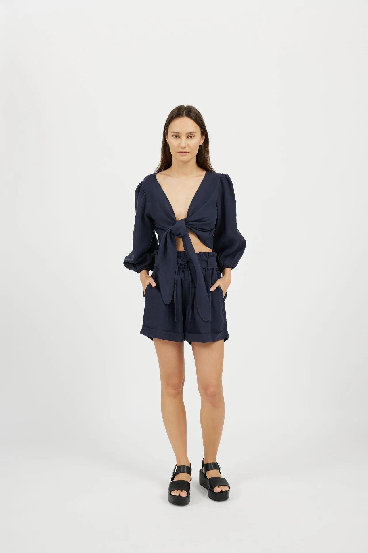 Bamboo High-Rise Belted Linen Shorts