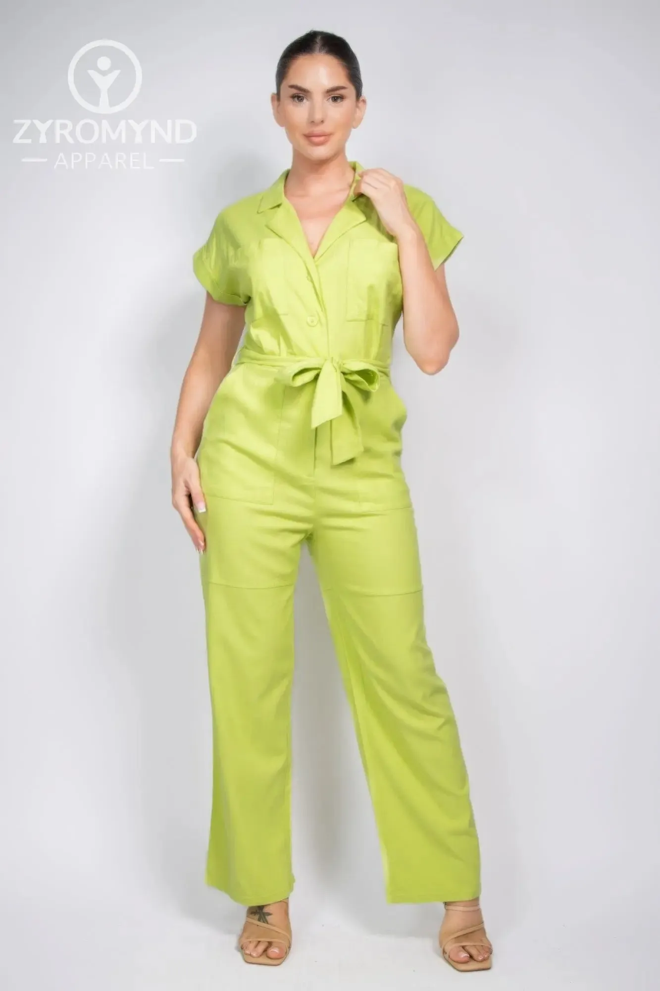 Belted Button-down Linen Jumpsuit