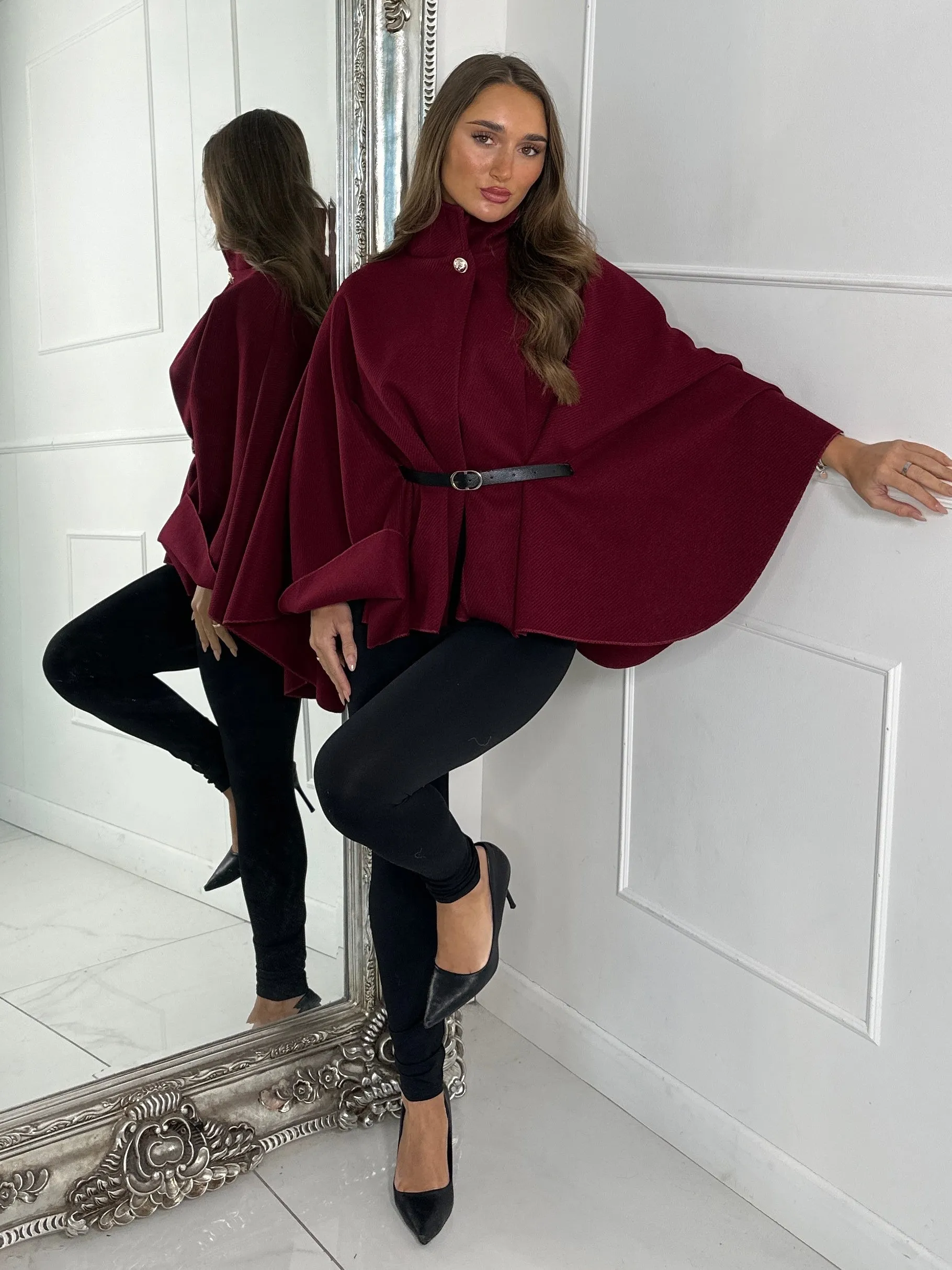 Belted Cape Jacket - Wine