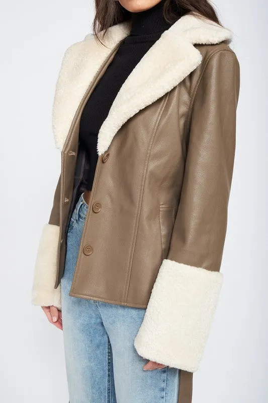 Belted Faux Leather Shearling Jacket