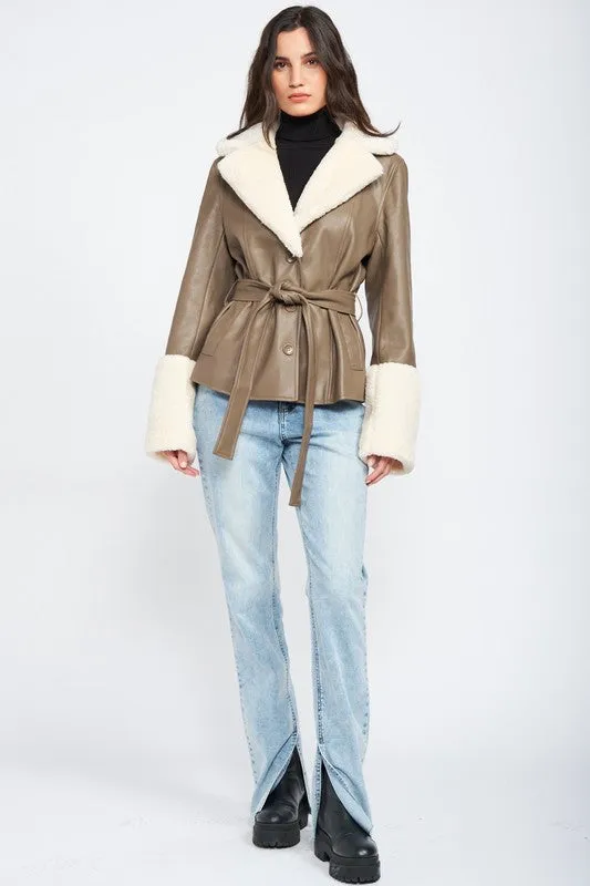 Belted Faux Leather Shearling Jacket