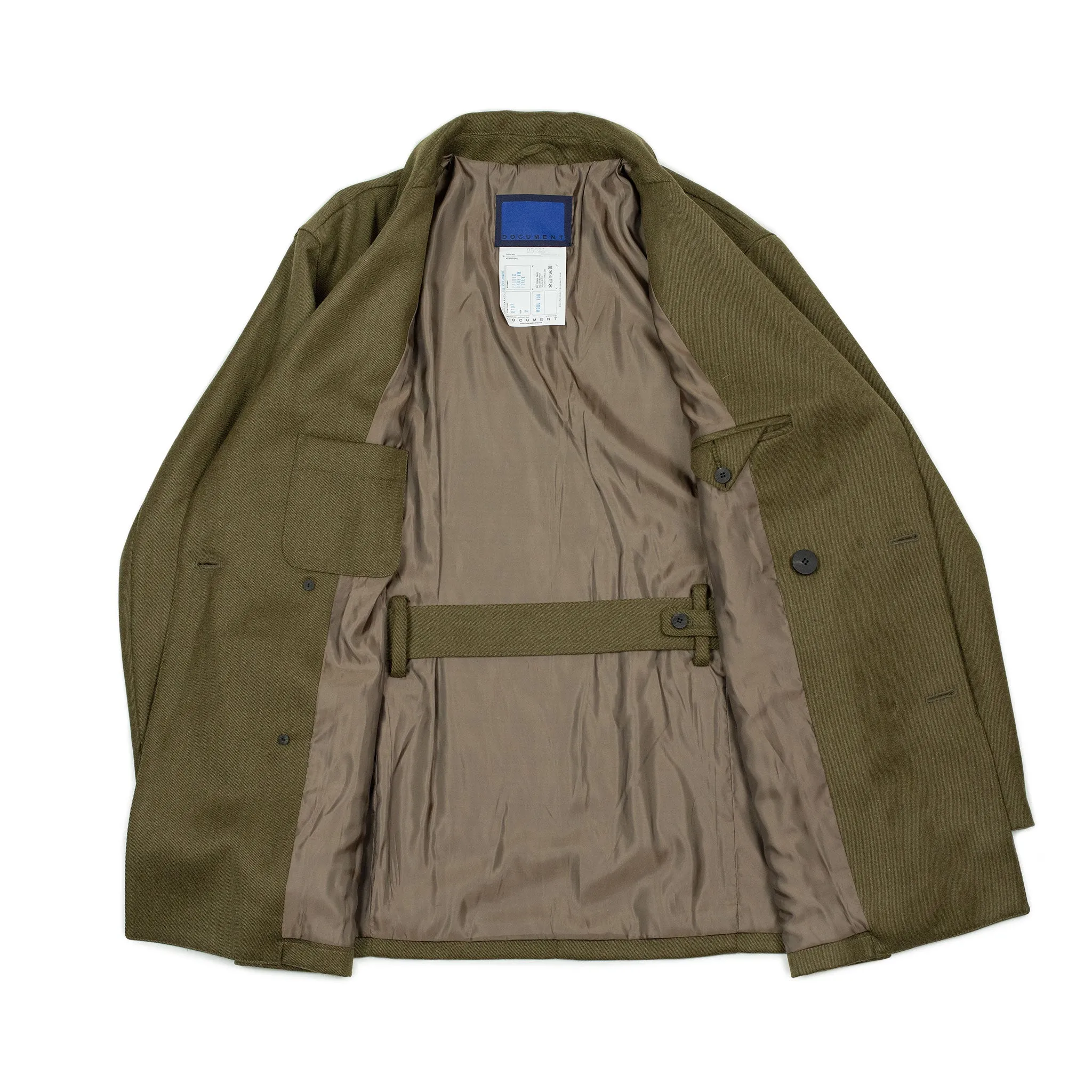 Belted jacket in olive green Italian wool whipcord