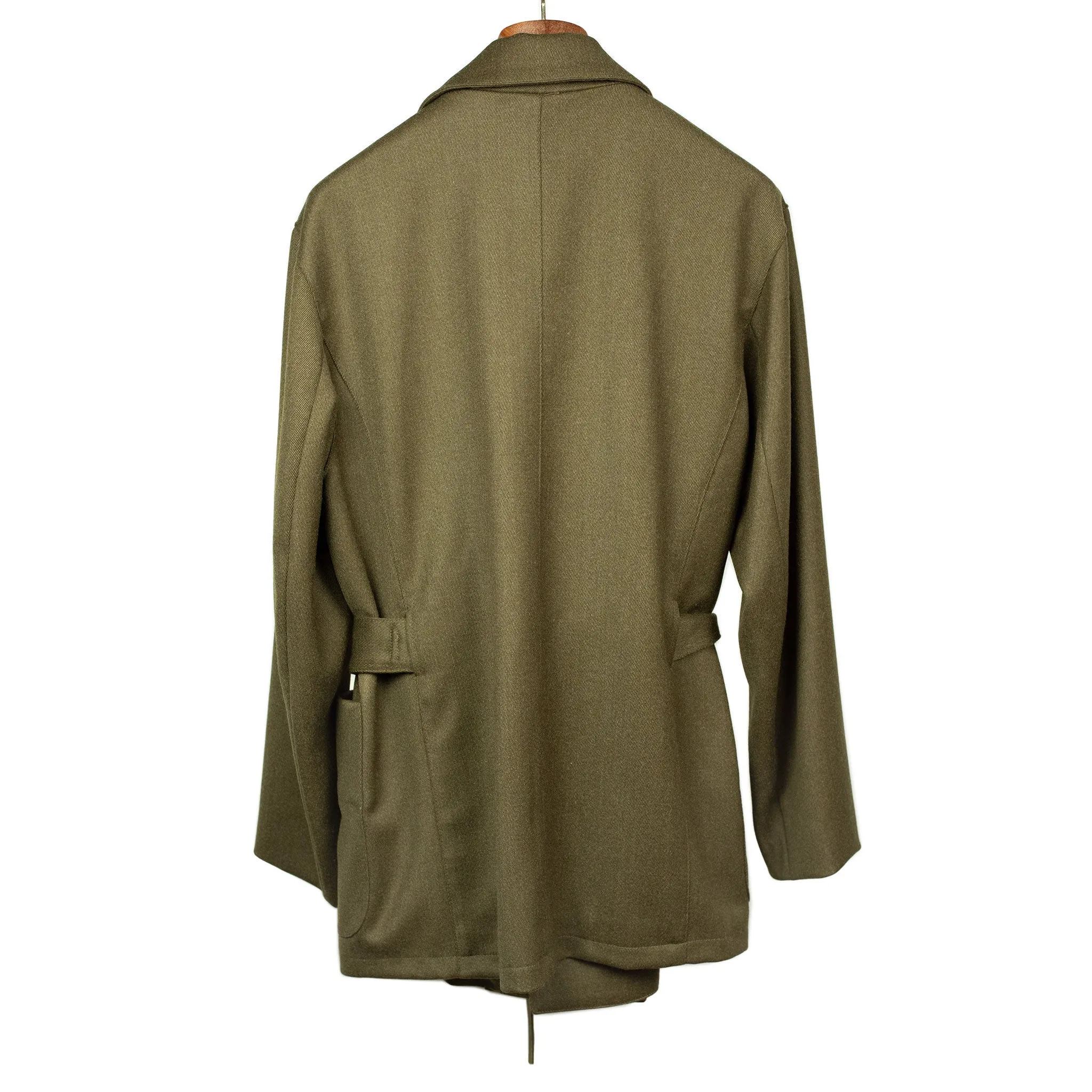 Belted jacket in olive green Italian wool whipcord