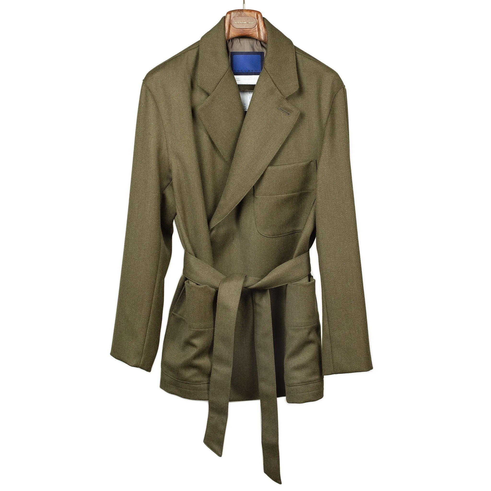 Belted jacket in olive green Italian wool whipcord