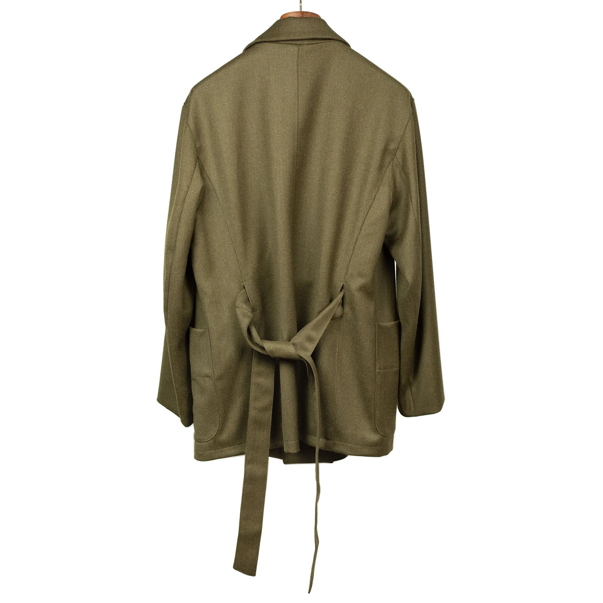 Belted jacket in olive green Italian wool whipcord