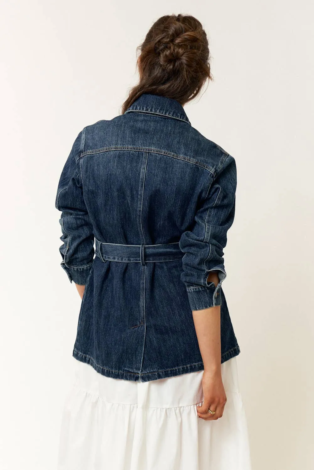 BELTED POCKET DETAIL BUTTON UP DENIM JACKET