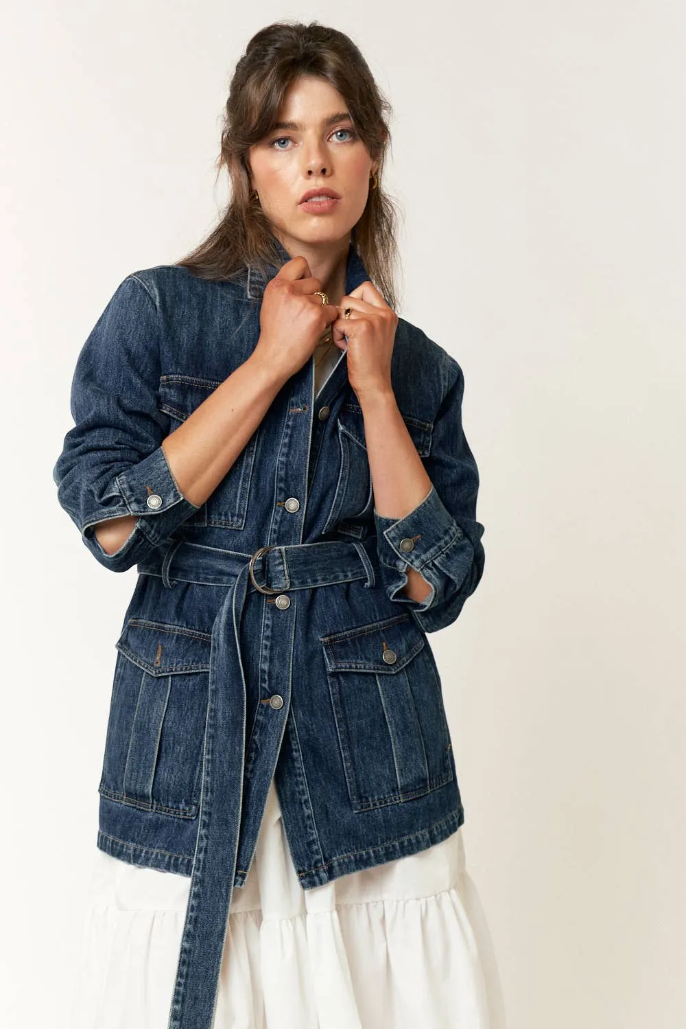 BELTED POCKET DETAIL BUTTON UP DENIM JACKET