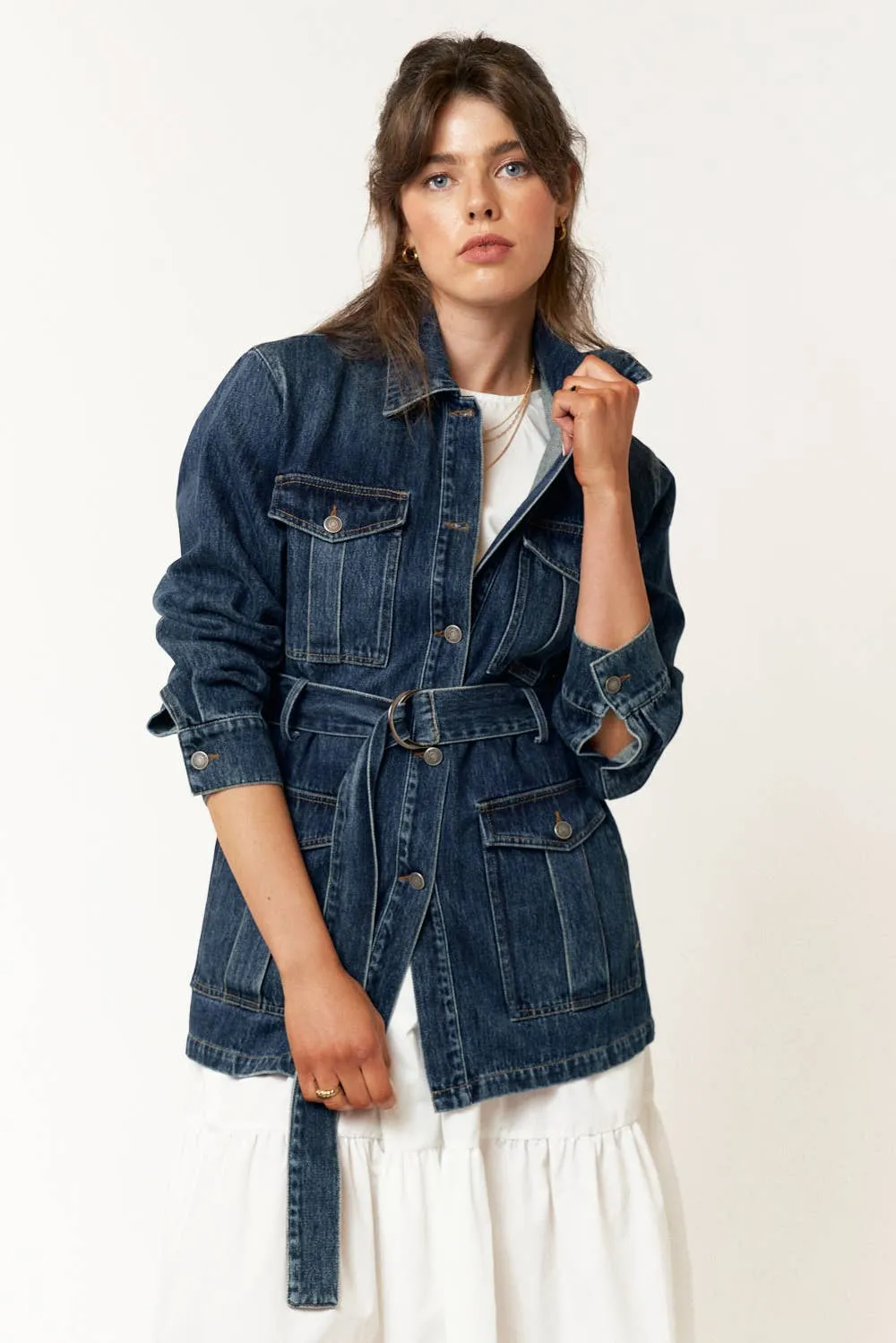 BELTED POCKET DETAIL BUTTON UP DENIM JACKET