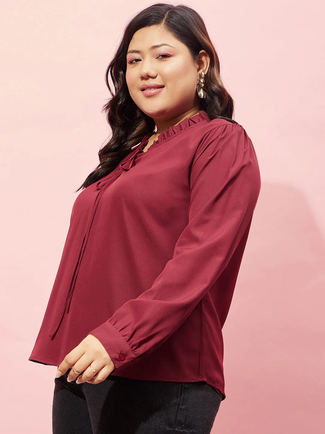 Berrylush Women Plus Size Solid Maroon Tie-Up Neck Cuff Sleeves Crepe Ruffled Regular Top