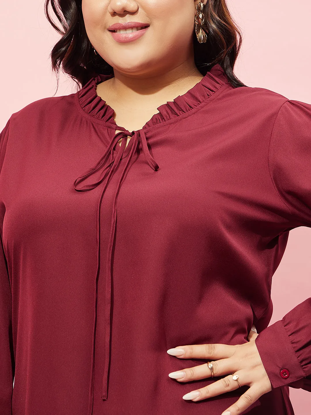 Berrylush Women Plus Size Solid Maroon Tie-Up Neck Cuff Sleeves Crepe Ruffled Regular Top