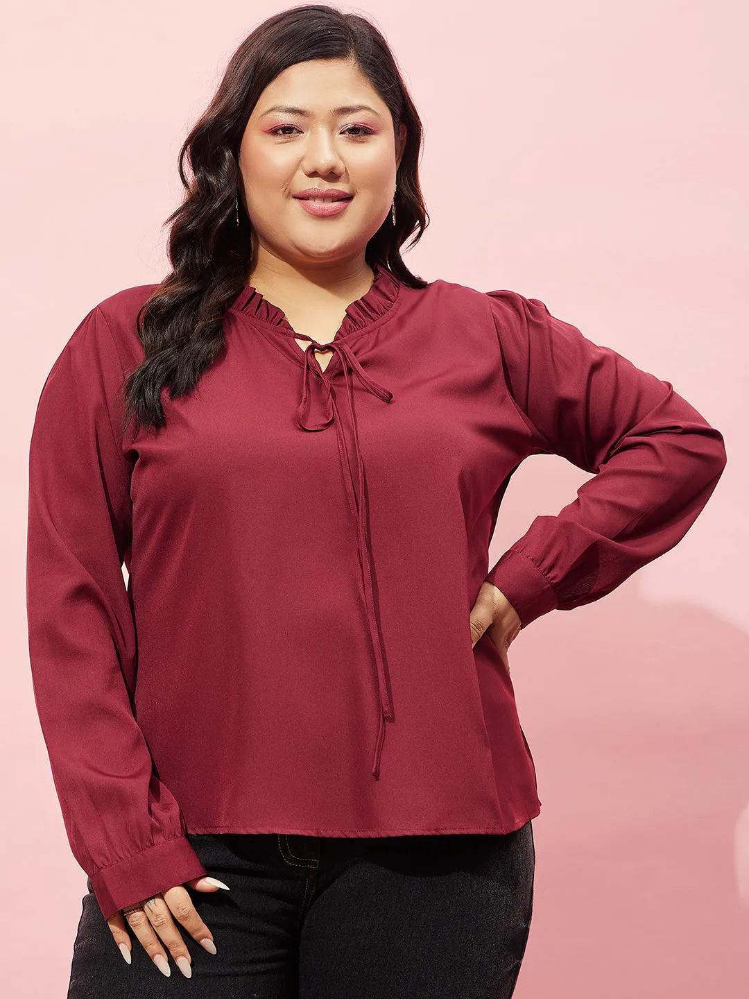 Berrylush Women Plus Size Solid Maroon Tie-Up Neck Cuff Sleeves Crepe Ruffled Regular Top