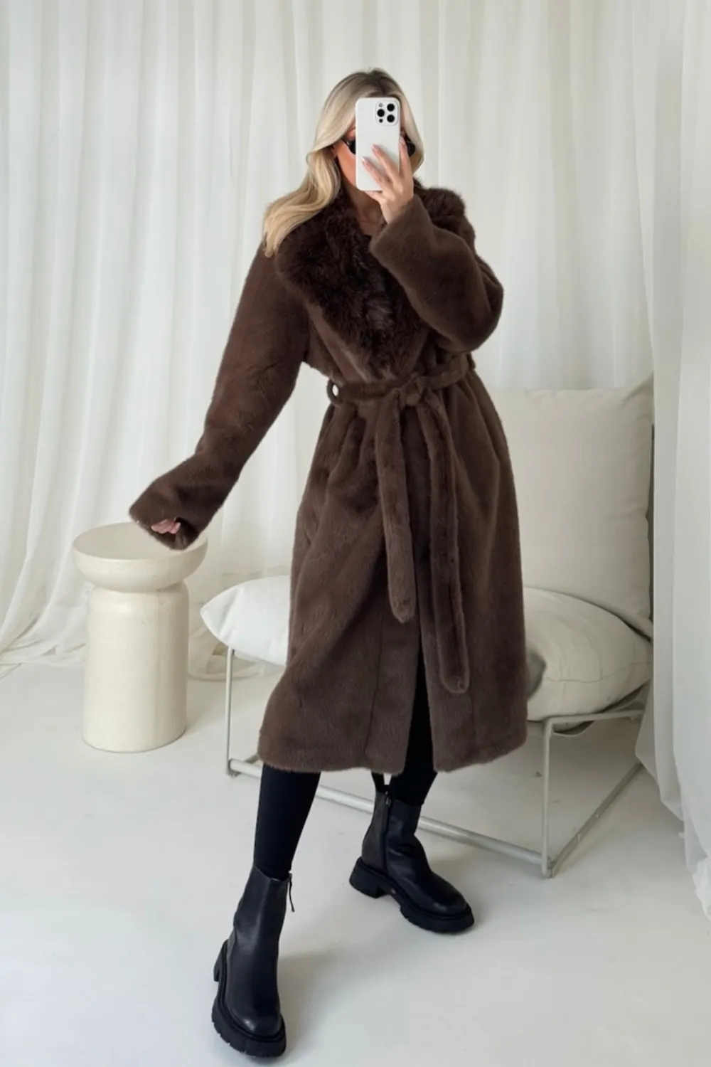 Bethany chocolate belted faux fur coat