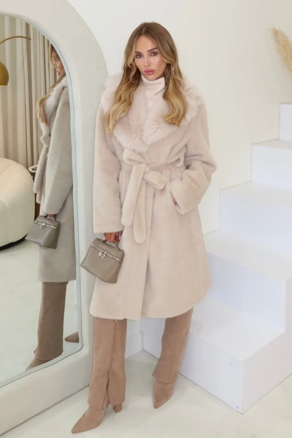 Bethany cream belted faux fur coat