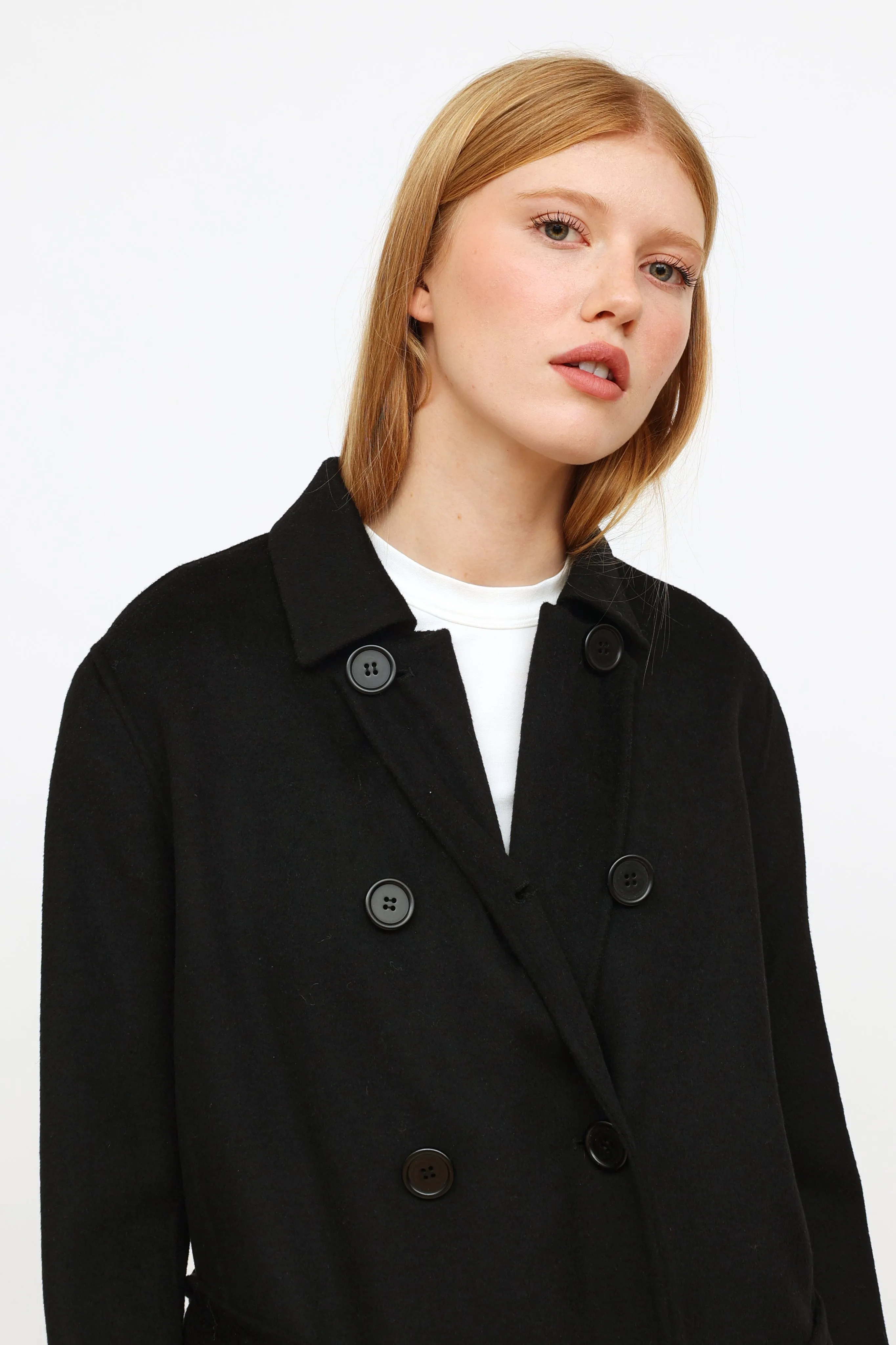 Black Belted Wool Blend Coat