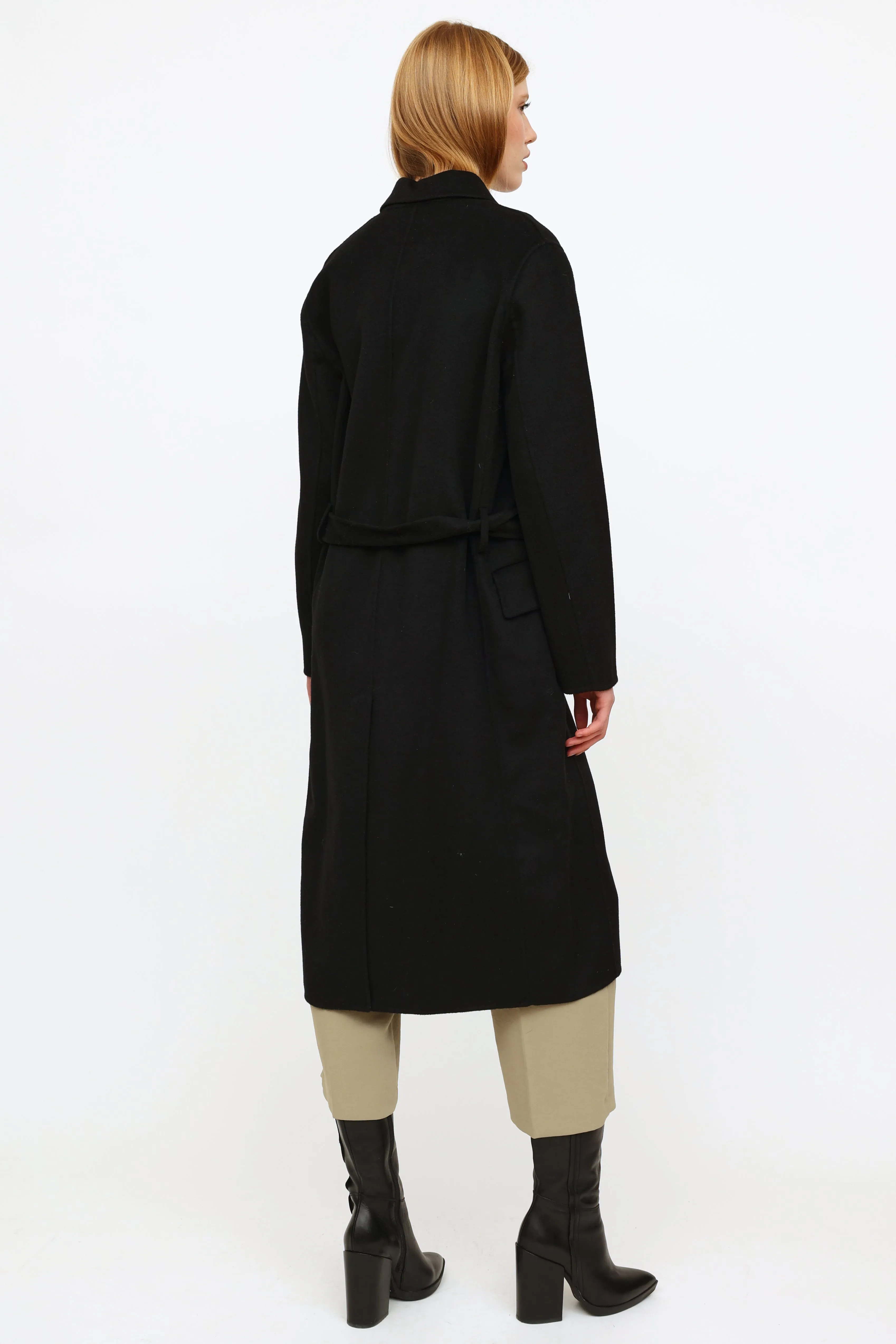 Black Belted Wool Blend Coat