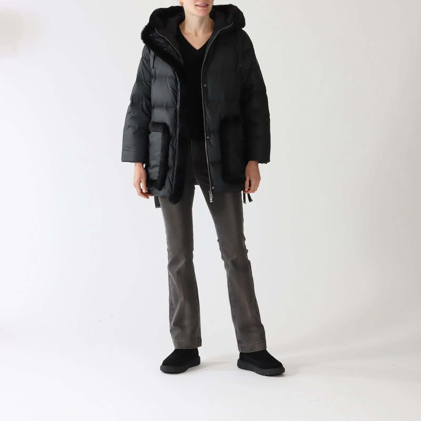 Black Down Fur Trimmed Hooded Coat