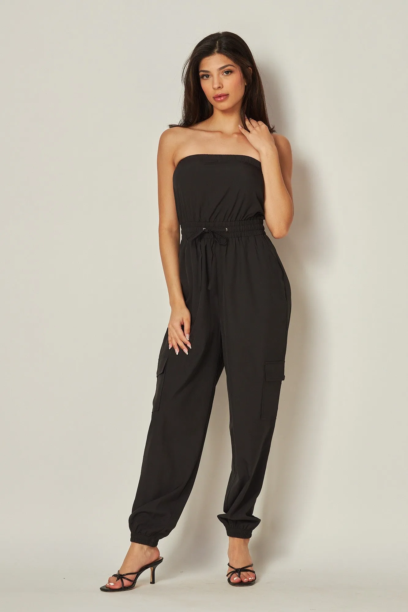 Black Long Cargo Drawstring Jogger Jumpsuit