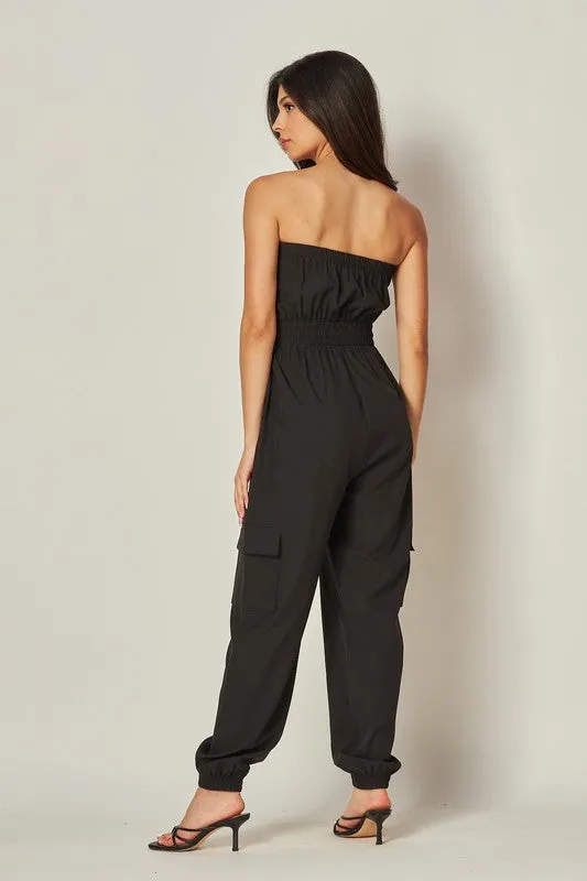 Black Long Cargo Drawstring Jogger Jumpsuit