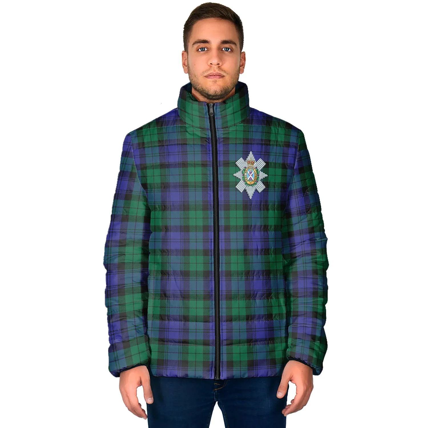 Black Watch Modern Tartan Padded Jacket with Family Crest