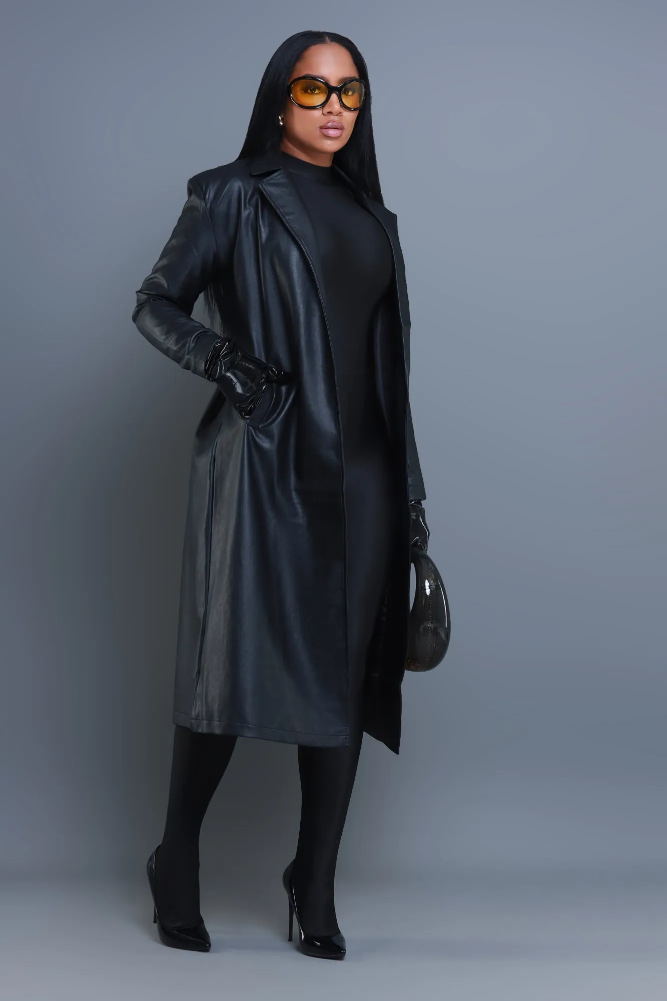 Blind Date Faux Leather Trenchcoat - Black