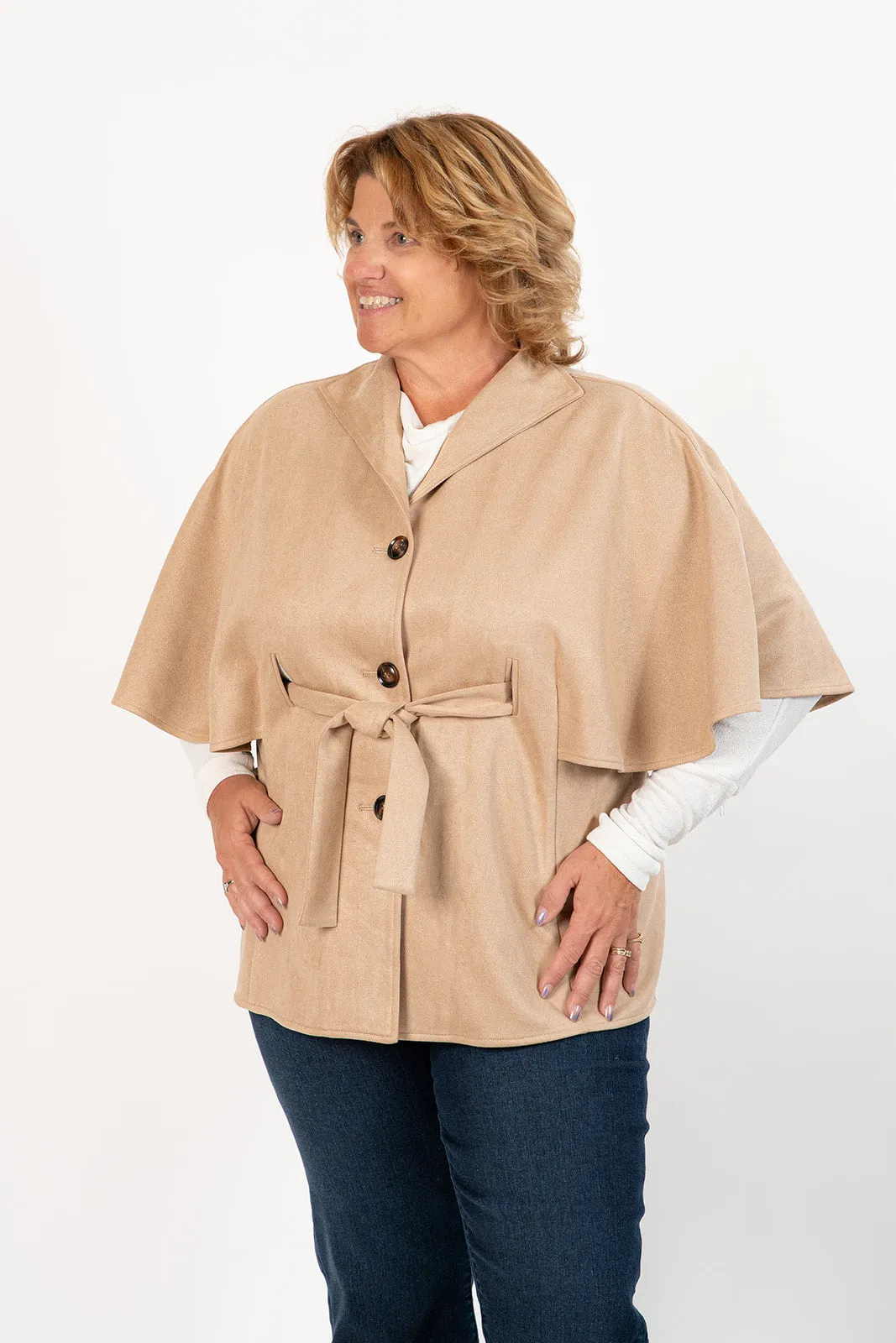 Boho Chic Vegan Suede Button Front Belted Cape Jacket - Taupe