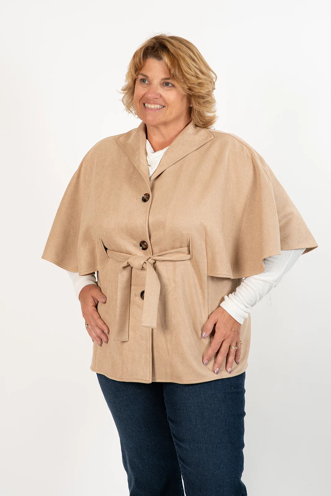 Boho Chic Vegan Suede Button Front Belted Cape Jacket - Taupe