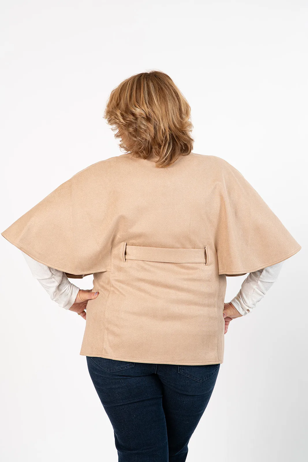 Boho Chic Vegan Suede Button Front Belted Cape Jacket - Taupe