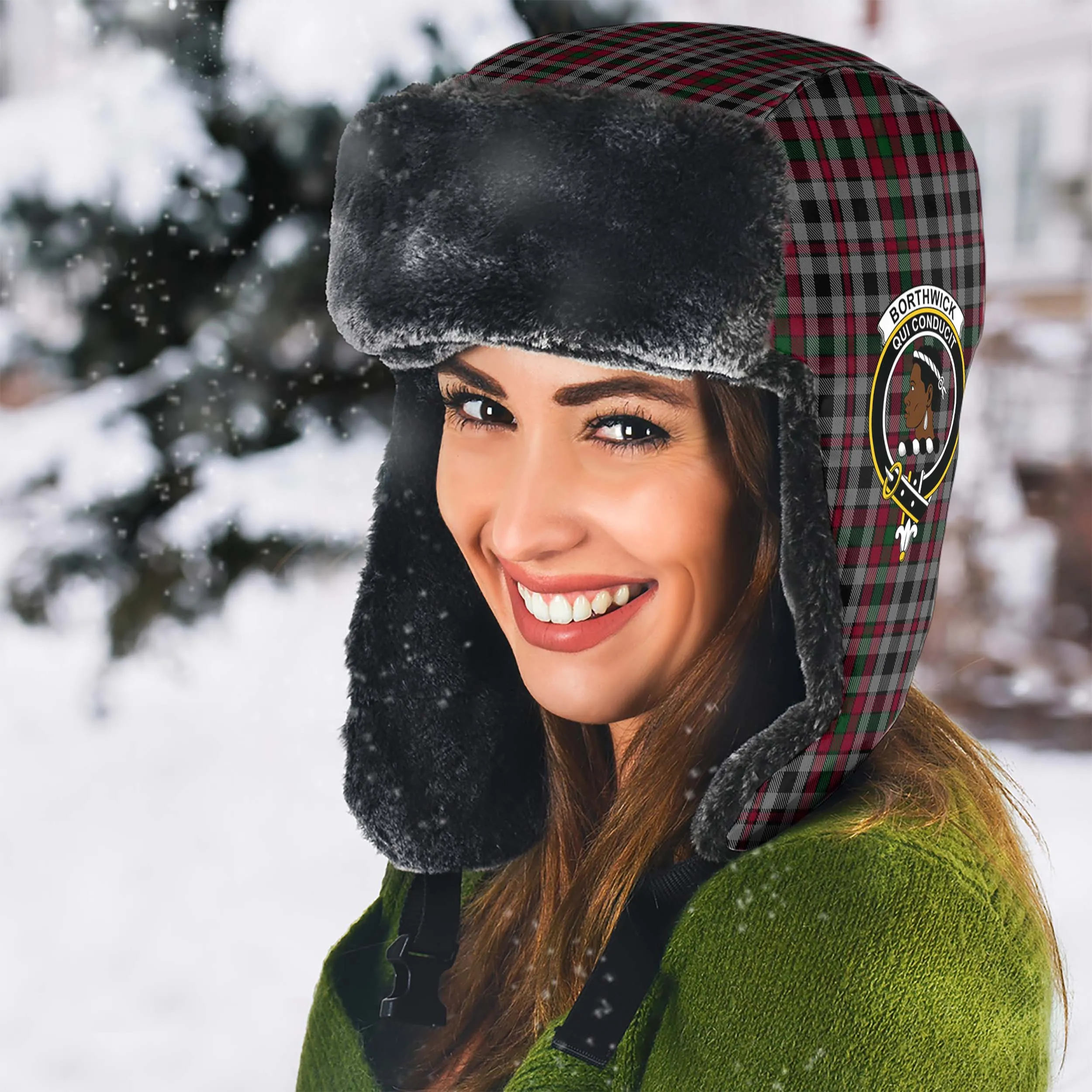 Borthwick Tartan Winter Trapper Hat with Family Crest