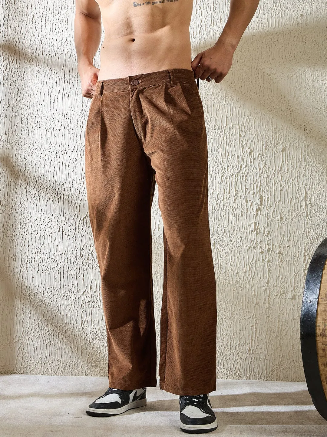 Brown Textured Velvet Pleated Trousers