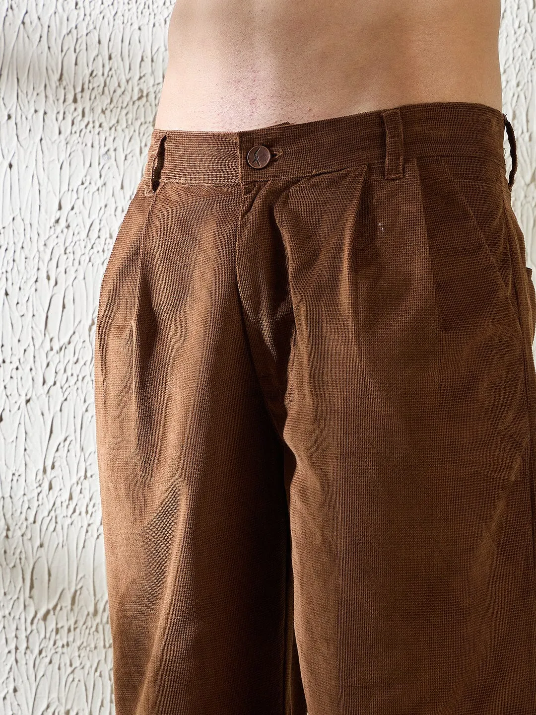 Brown Textured Velvet Pleated Trousers