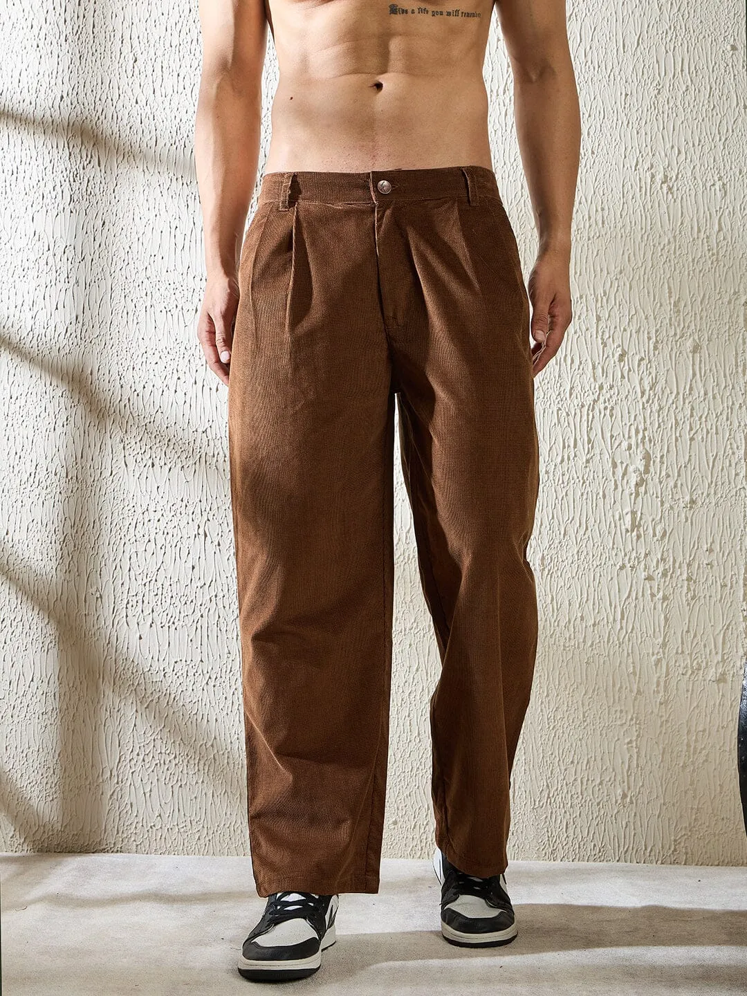 Brown Textured Velvet Pleated Trousers