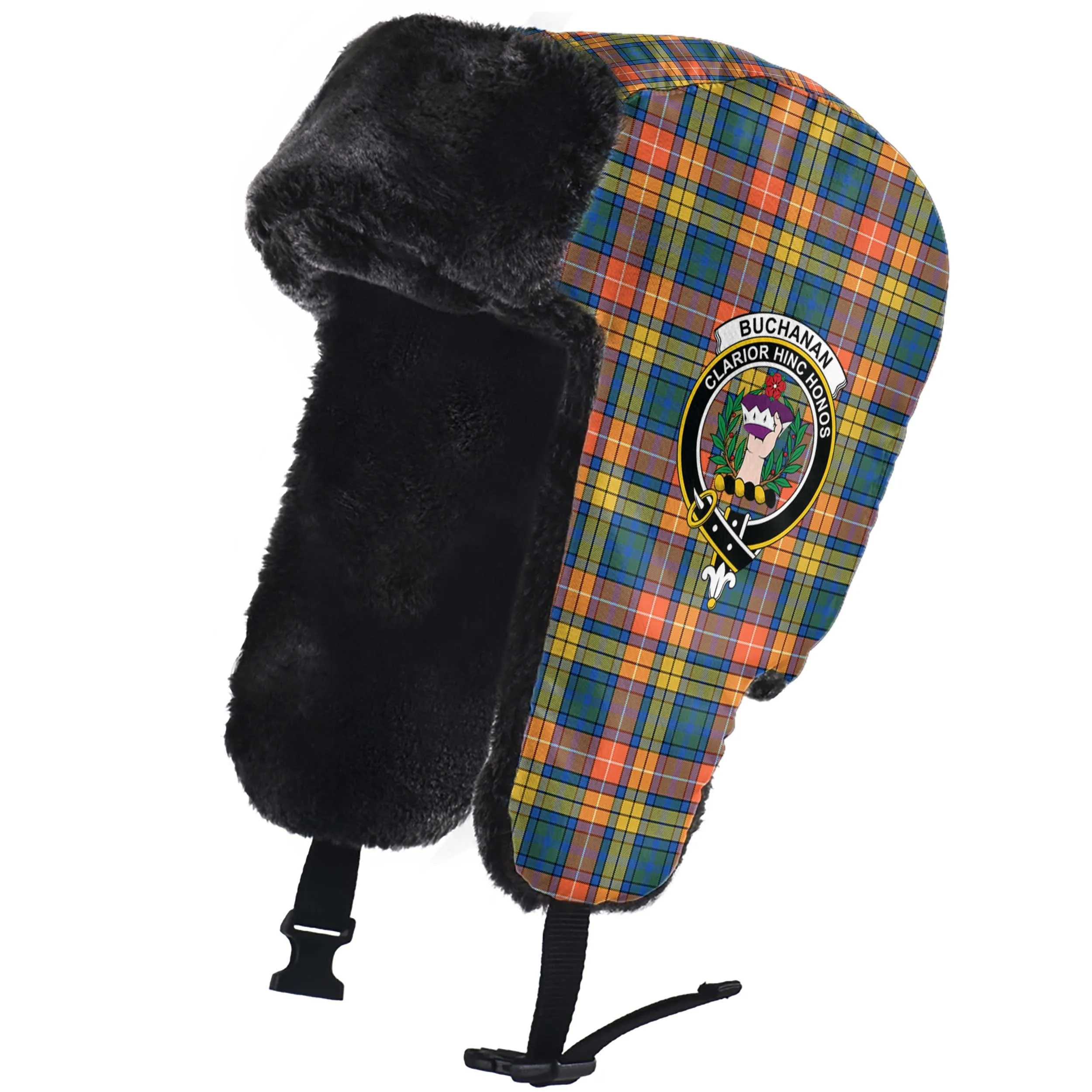 Buchanan Ancient Tartan Winter Trapper Hat with Family Crest